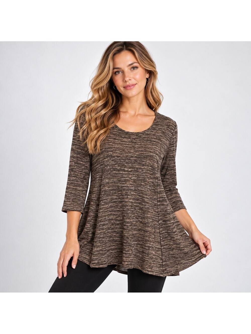 Soft Works Tunic Top M Brown Marled Knit 3/4 Sleeve Swing Lagenlook Made Canada